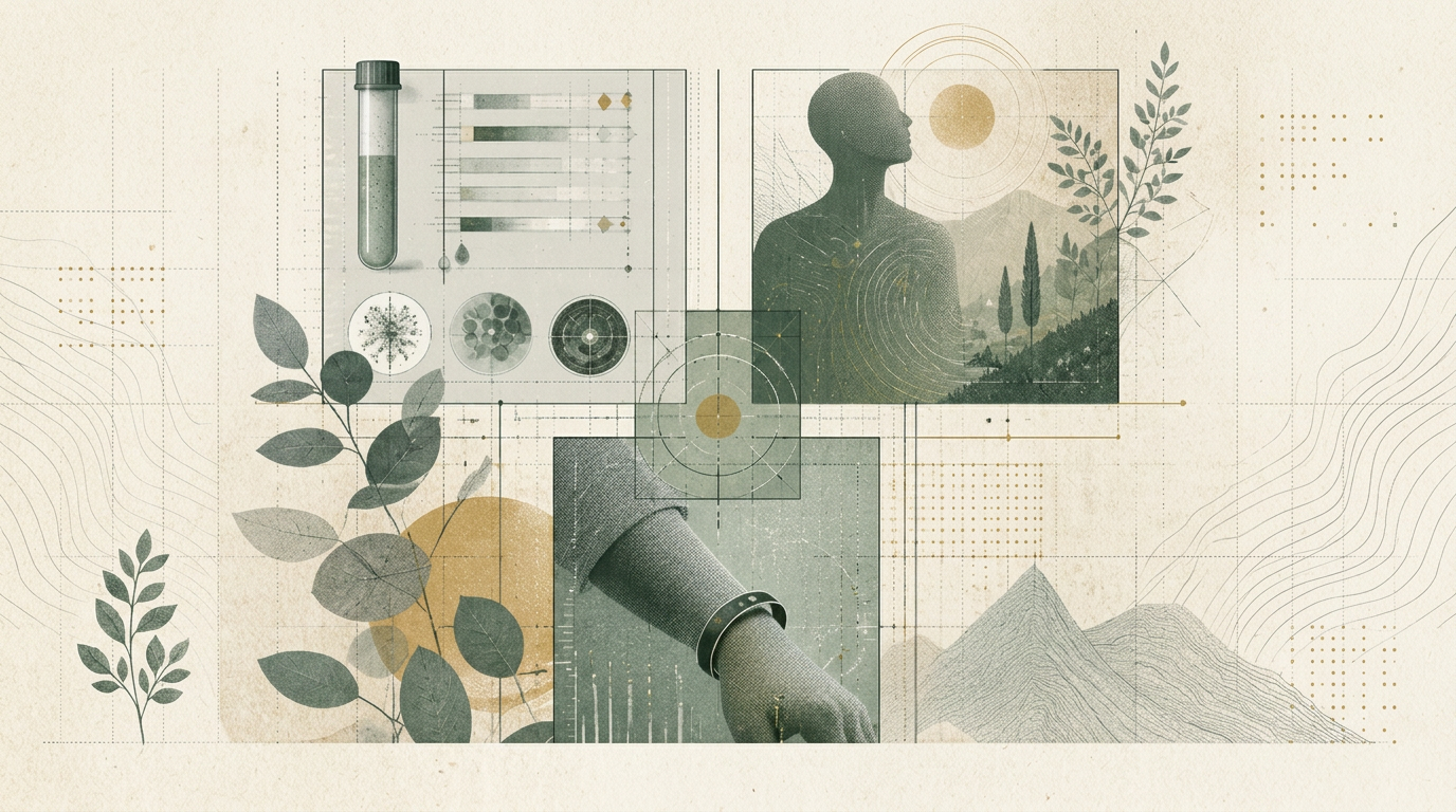 Editorial collage — test tube, botanical roundels, silhouetted figure with concentric rings, cypress landscape and a hand wearing a smartwatch, in muted eucalyptus and ochre on ivory paper.